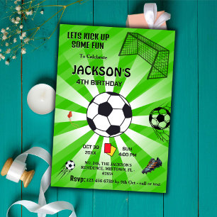 Green sport ball soccer themed modern 4th birthday invitation