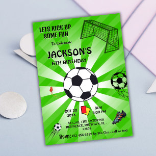 Green sport ball soccer themed modern 5th birthday invitation