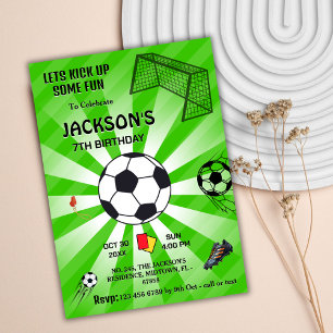 Green sport ball soccer themed modern 7th birthday invitation