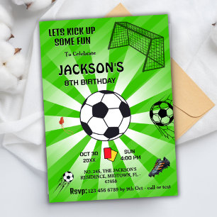 Green sport ball soccer themed modern 8th birthday invitation