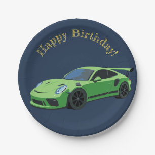 Green Sports Car Birthday Paper Plate