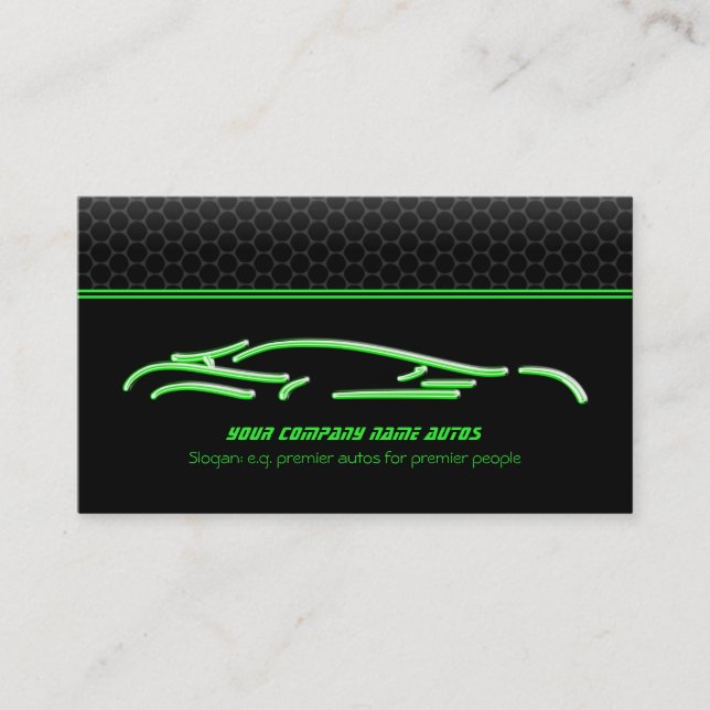 Green Sports Car Logo, neon glow effect Business Card (Front)