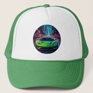 Green Sports Car on Rainy Neon Street Trucker Hat