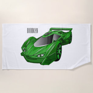 Green sports car with airfoil illustration beach towel
