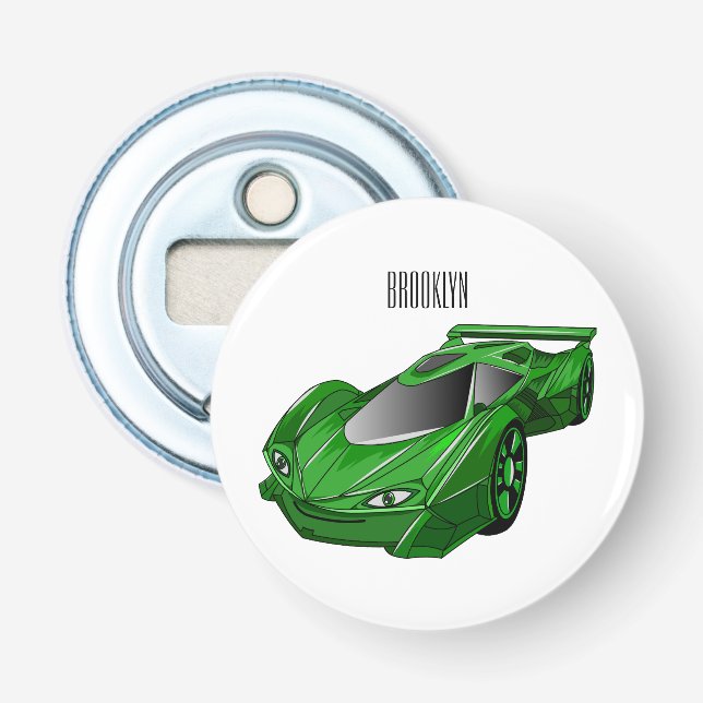 Green sports car with airfoil illustration bottle opener (Front)