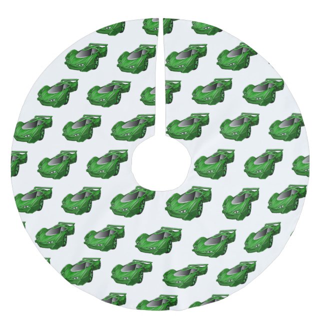 Green sports car with airfoil illustration brushed polyester tree skirt (Front)