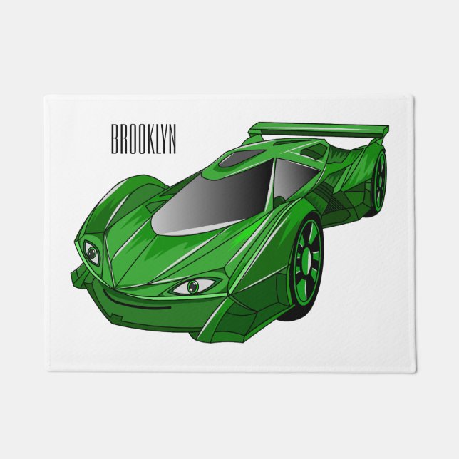 Green sports car with airfoil illustration doormat (Front)