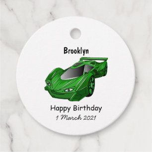 Green sports car with airfoil illustration favour tags