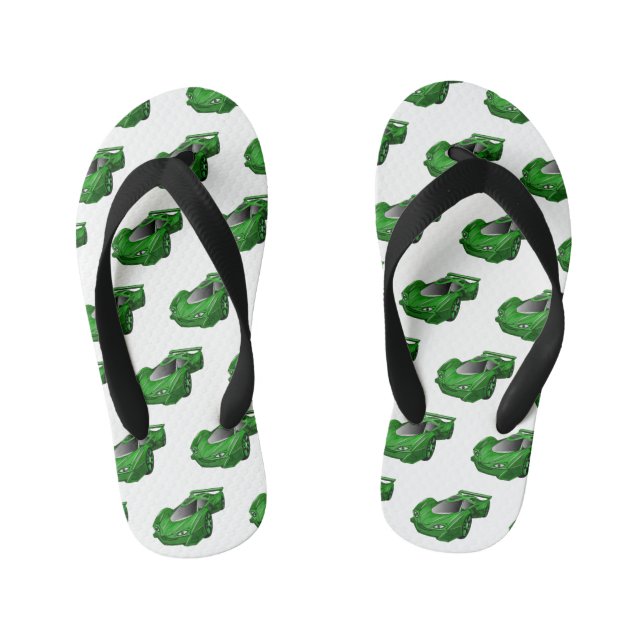 Green sports car with airfoil illustration kid's jandals (Footbed)