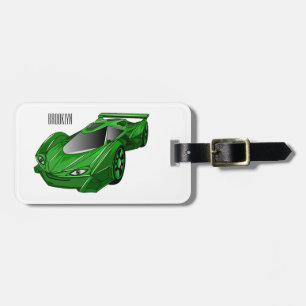 Green sports car with airfoil illustration  luggage tag