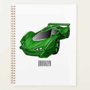 Green sports car with airfoil illustration planner