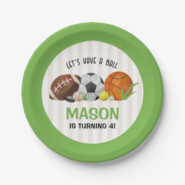 Green Sports Football Basketball Birthday Party  Paper Plate (Front)