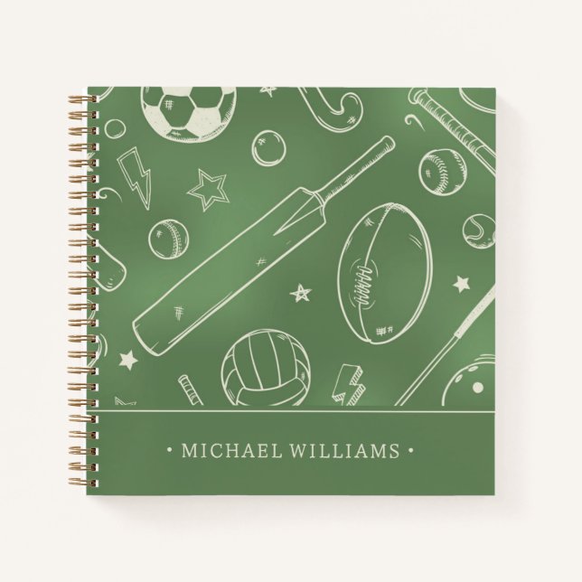 Green Sports Pattern | Add Your Name Notebook (Front)