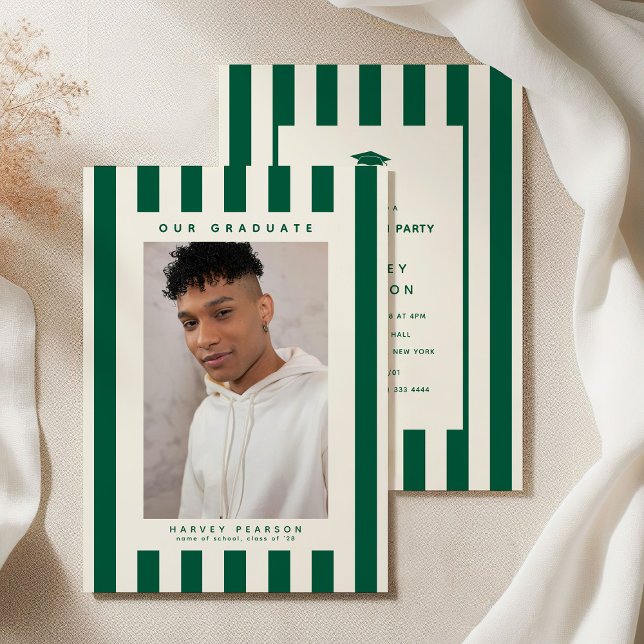 Green Sporty Stripes 2 Photo Graduation Party Invitation (Creator Uploaded)