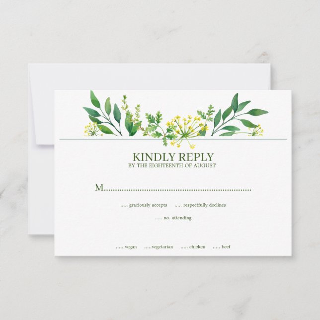 Green Spring Botanical Herbs Botanical Wedding RSVP Card (Front)