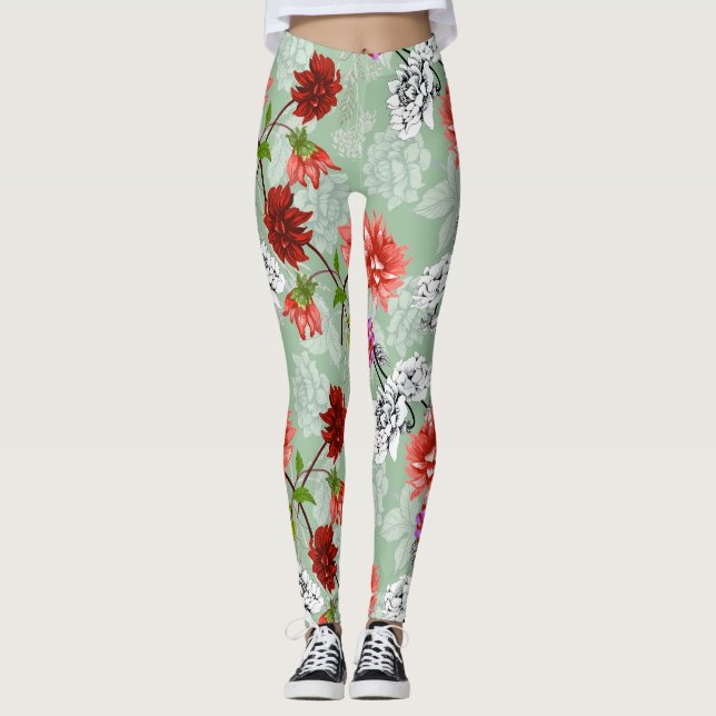 Green Spring Floral: Hand Drawn Leggings (Front)