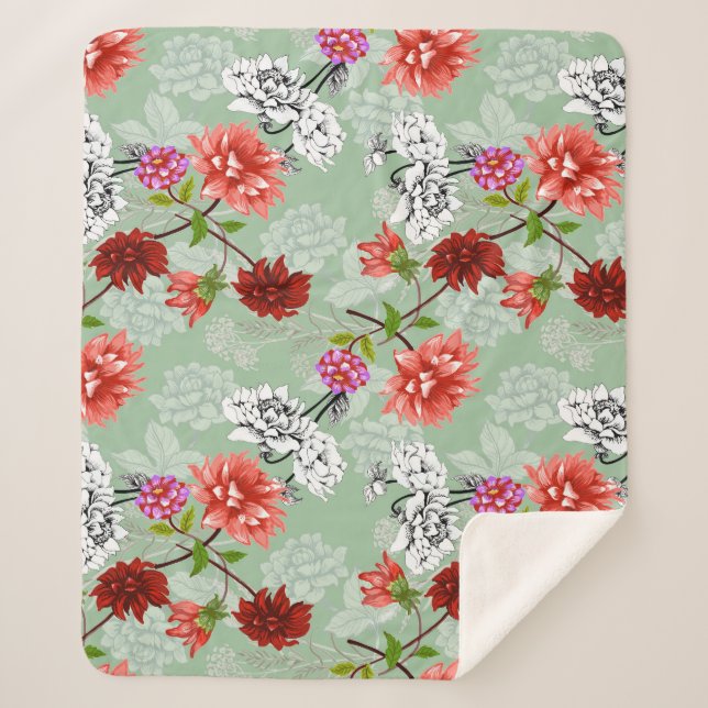 Green Spring Floral: Hand Drawn Sherpa Blanket (Front)