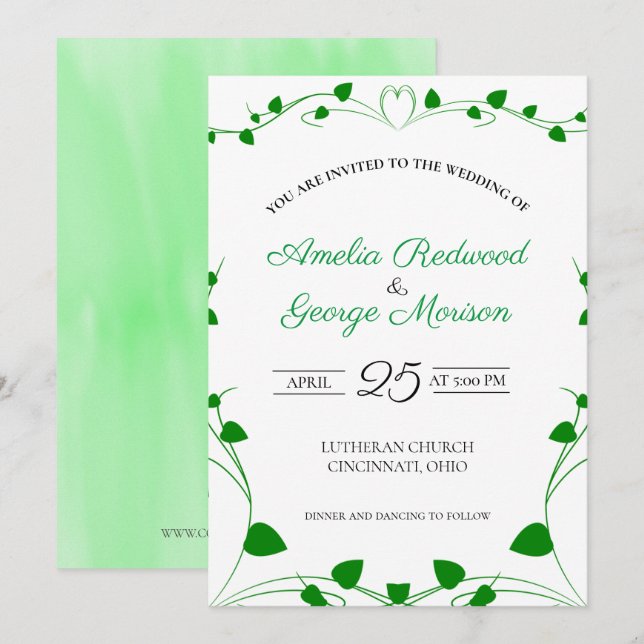 Green Spring Leaves Wedding Invitation (Front/Back)