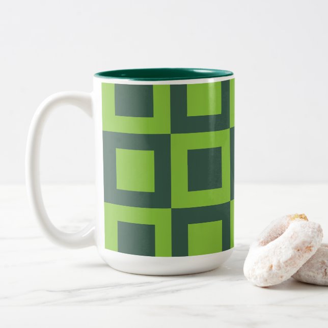 Green Squares Geometric Two-Tone Coffee Mug (With Donut)