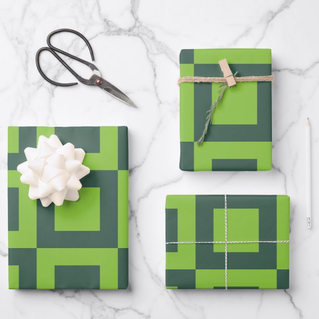 Green Squares Geometric Wrapping Paper Sheet (Front)