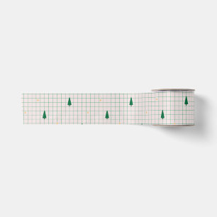 Green Squares with Christmas Trees on white Satin Ribbon
