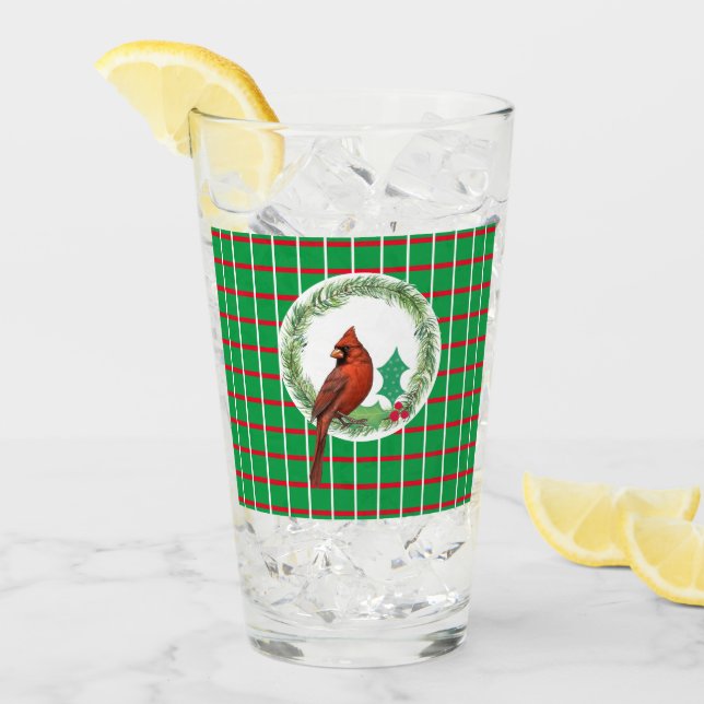 Green Squares With Red & White Lines Glass Cup (Front Ice)