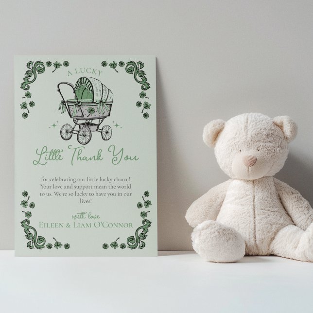 Green St Patricks Day Baby Shower Thank You Card (Cute Green Irish Baby Shower Thank You Card. Hand Drawn Vintage Baby Carriage Stroller, Shamrocks)