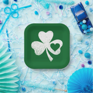 Green St Patricks Day Irish Patty's Heart Shamrock Paper Plate
