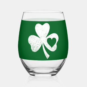 Green St Patricks Day Irish Patty's Heart Shamrock Stemless Wine Glass