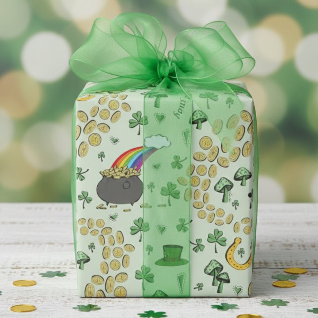 Green St. Patrick's Day Leprechaun Pot of Gold Wrapping Paper (Fun St Patrick's Day Wrapping Paper for Kids. Lucky Green Shamrock Pattern, Rainbow, Leprechaun Hat)