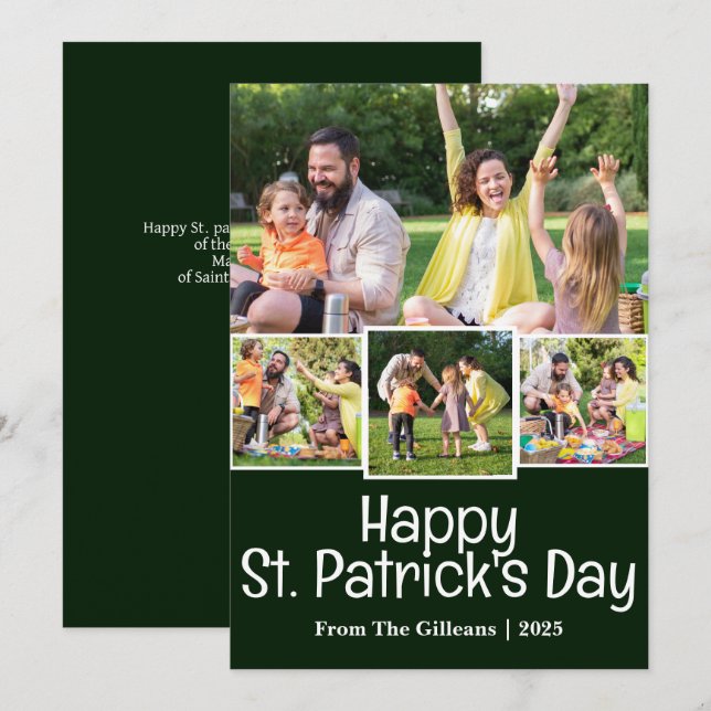 Green St. patrick's day Shamrocks family 4 photo Holiday Card (Front/Back)