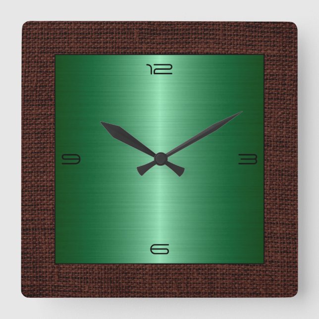 Green Stainless Steel Modern Burlap Border Square Wall Clock (Front)