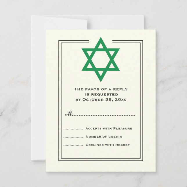 Green Star of David Bar Mitzvah reply card (Front)