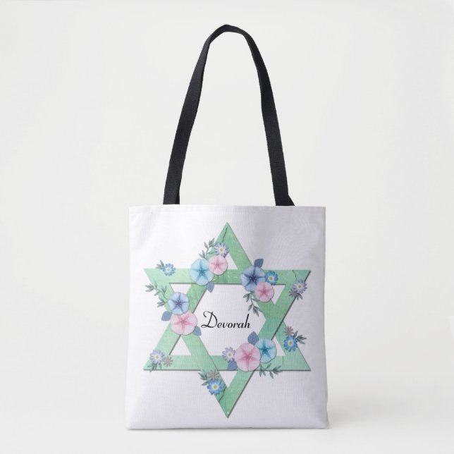 Green Star of David with pastel flowers Tote Bag (Front)