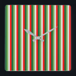 Green, Star White And Red Clover Pinstripes Square Wall Clock<br><div class="desc">Green,  Star White And Red Clover Pinstripes is a vertical striped pattern of duo tone shades of green,  star white and red. A harmonious colour scheme which suggests Christmas and vibrant color schemes.

ABOUT THE ART
©‎ ‎‎‎‎‎19 ‎January ‎2020,  ‏‎16:58:17 Tracey Harrington Simpso</div>