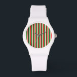 Green, Star White And Red Clover Pinstripes Watch<br><div class="desc">Green,  Star White And Red Clover Pinstripes is a vertical striped pattern of duo tone shades of green,  star white and red. A harmonious colour scheme which suggests Christmas and vibrant color schemes.

ABOUT THE ART
©‎ ‎‎‎‎‎19 ‎January ‎2020,  ‏‎16:58:17 Tracey Harrington Simpso</div>