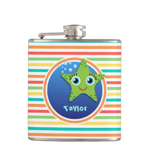 Green Starfish; Bright Rainbow Stripes Hip Flask
