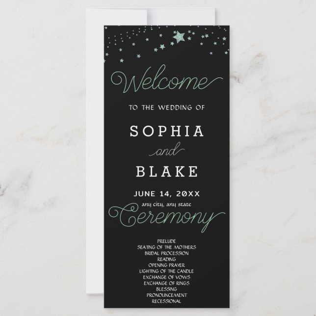 Green Stars Celestial Black Wedding Program (Front)