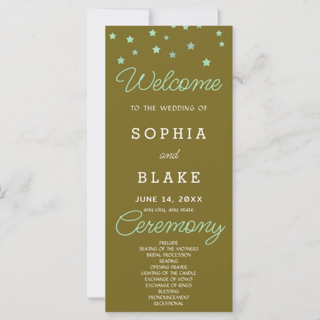Green Stars Celestial Dark Gold Wedding Program (Front)