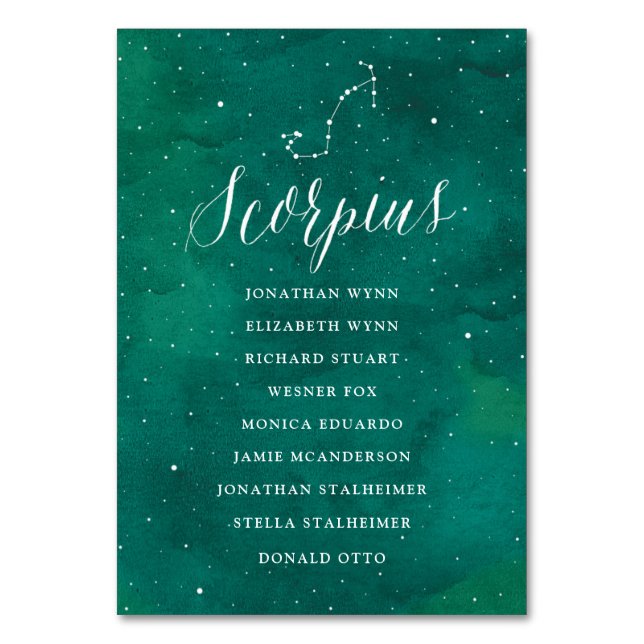Green Stars Celestial Galaxy Seating Plan Scorpius Table Number (Front)