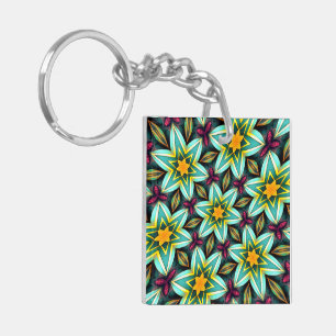 Green Stars Floral Pattern Key Ring