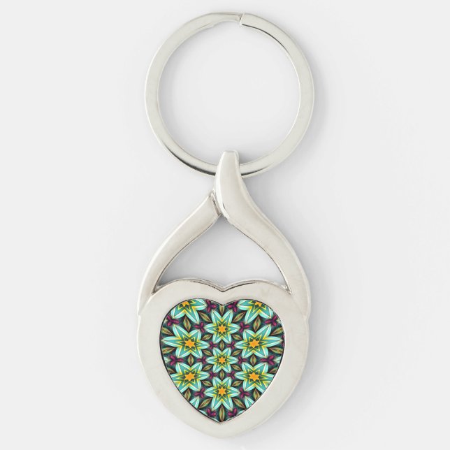 Green Stars Floral Pattern Key Ring (Front)