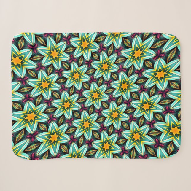 Green Stars Floral Pattern Sherpa Blanket (Front (Horizontal))