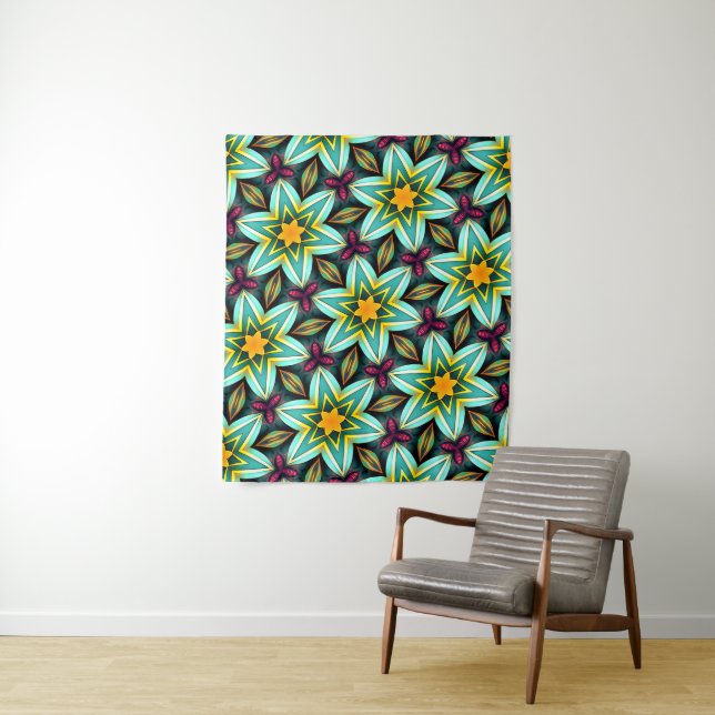 Green Stars Floral Pattern Tapestry (In Situ)