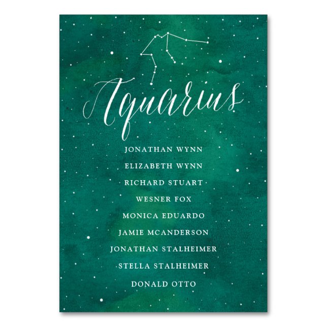 Green Stars Galaxy Seating Chart Card Aquarius (Front)