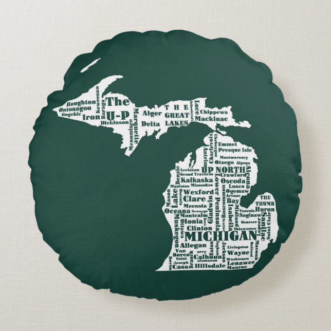 Green State of Michigan Cities Round Cushion (Front)