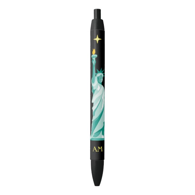 Green Statue of Liberty Image & Monogram  Black Ink Pen (Front Vertical)