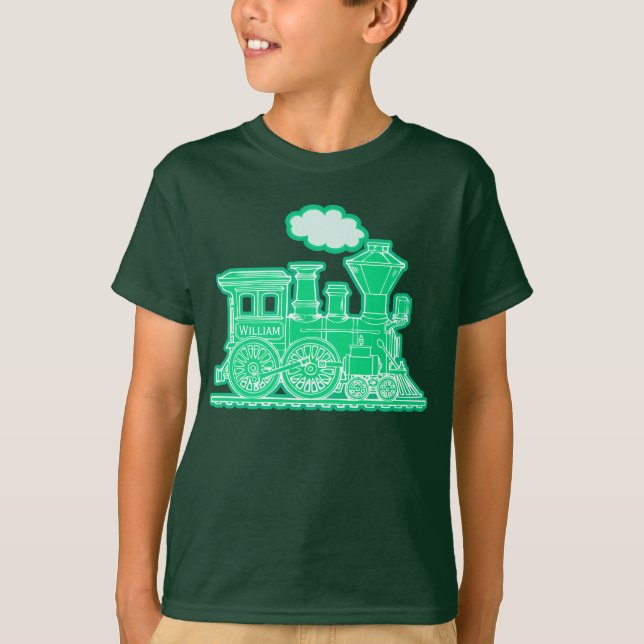 Green steam loco train "your name" kids t-shirt (Front)