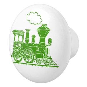 Green steam train custom art doorknob ceramic knob