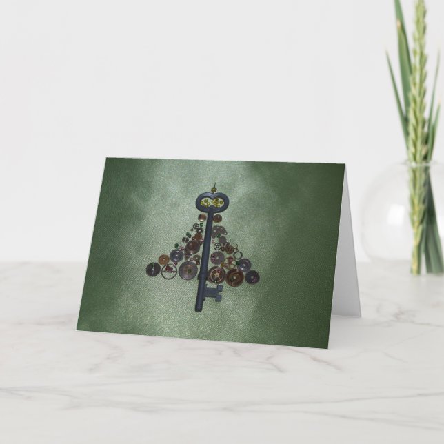 Green Steampunk Christmas Tree Holiday Card (Front)